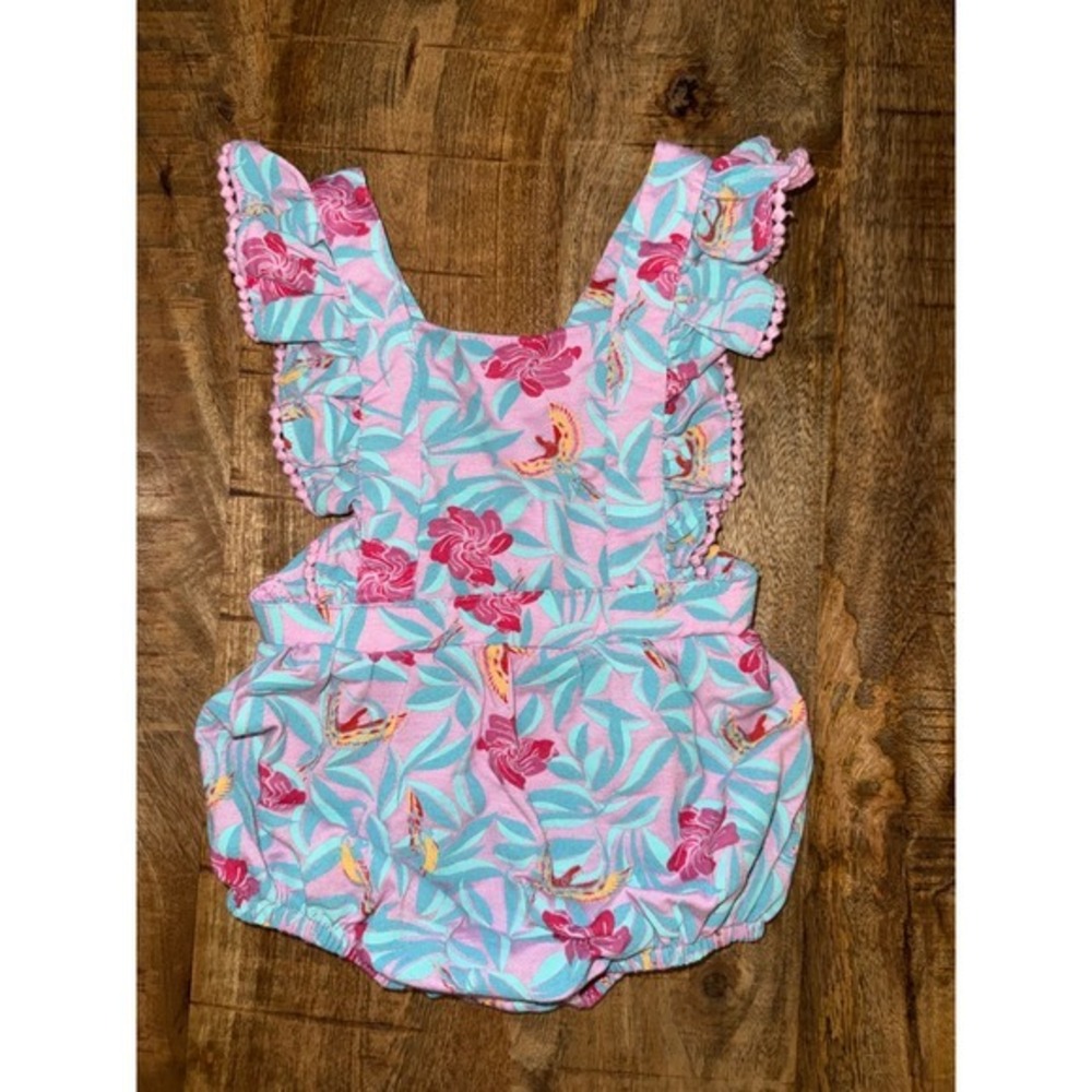 Jessica Simpson Girls Pink Teal Floral Bird Ruffle Pom Pom Bubble Romper 24M